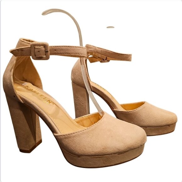 Nude Faux Suede Chunky Heel Platform Ankle Strap Pumps - Picture 8 of 9